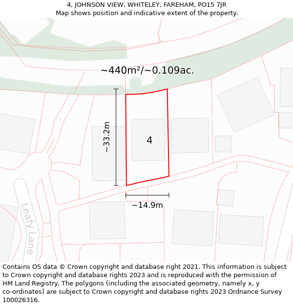 4, JOHNSON VIEW, WHITELEY, FAREHAM, PO15 7JR: Plot and title map