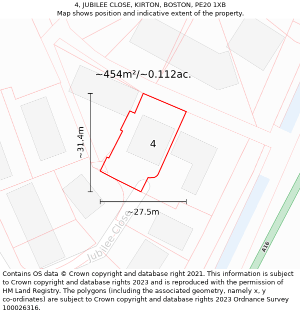 4, JUBILEE CLOSE, KIRTON, BOSTON, PE20 1XB: Plot and title map