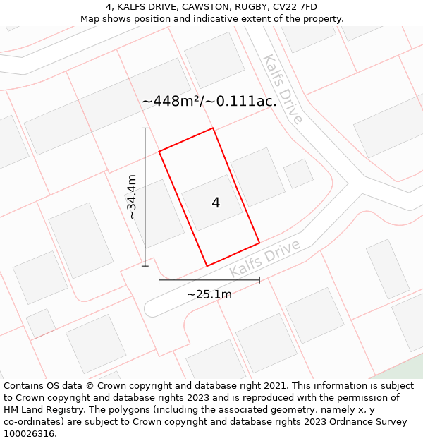 4, KALFS DRIVE, CAWSTON, RUGBY, CV22 7FD: Plot and title map