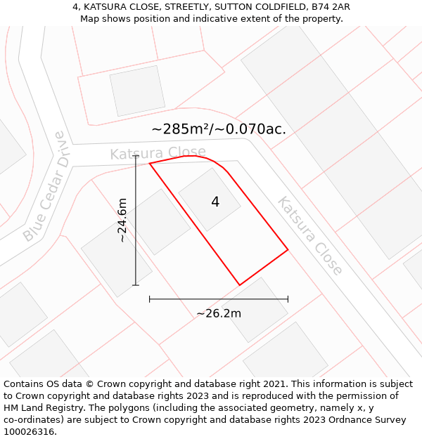 4, KATSURA CLOSE, STREETLY, SUTTON COLDFIELD, B74 2AR: Plot and title map