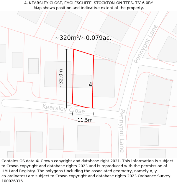 4, KEARSLEY CLOSE, EAGLESCLIFFE, STOCKTON-ON-TEES, TS16 0BY: Plot and title map