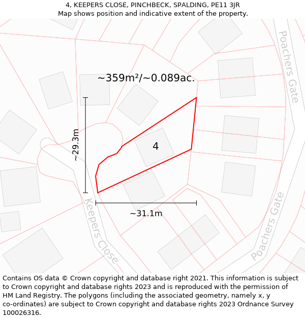 4, KEEPERS CLOSE, PINCHBECK, SPALDING, PE11 3JR: Plot and title map