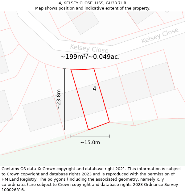 4, KELSEY CLOSE, LISS, GU33 7HR: Plot and title map