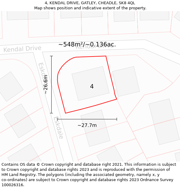 4, KENDAL DRIVE, GATLEY, CHEADLE, SK8 4QL: Plot and title map