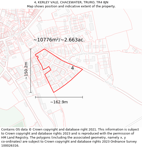 4, KERLEY VALE, CHACEWATER, TRURO, TR4 8JN: Plot and title map