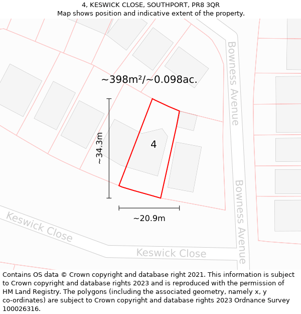 4, KESWICK CLOSE, SOUTHPORT, PR8 3QR: Plot and title map