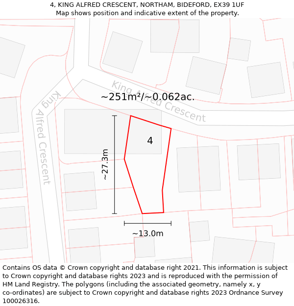 4, KING ALFRED CRESCENT, NORTHAM, BIDEFORD, EX39 1UF: Plot and title map