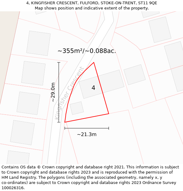 4, KINGFISHER CRESCENT, FULFORD, STOKE-ON-TRENT, ST11 9QE: Plot and title map