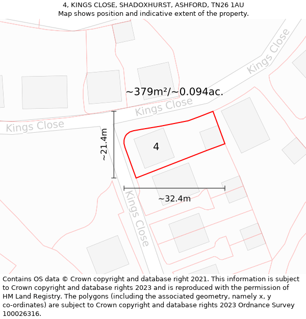 4, KINGS CLOSE, SHADOXHURST, ASHFORD, TN26 1AU: Plot and title map