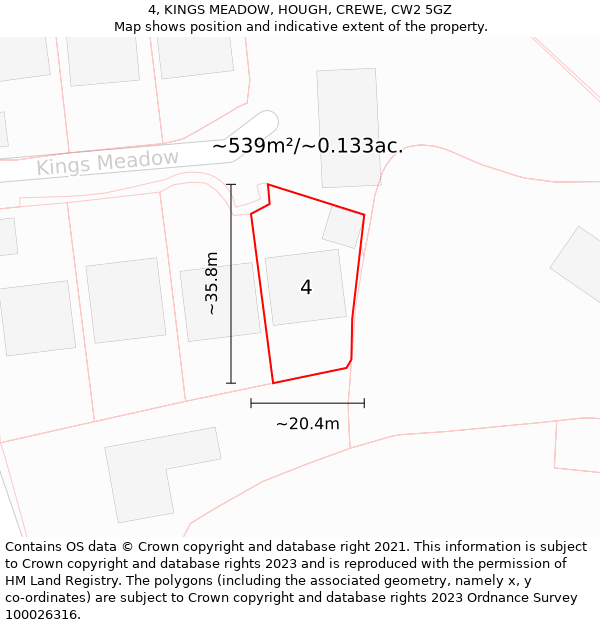 4, KINGS MEADOW, HOUGH, CREWE, CW2 5GZ: Plot and title map