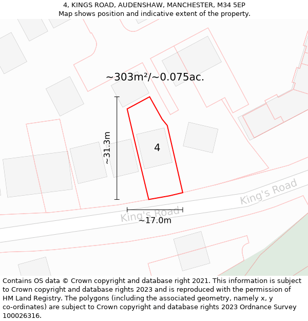 4, KINGS ROAD, AUDENSHAW, MANCHESTER, M34 5EP: Plot and title map