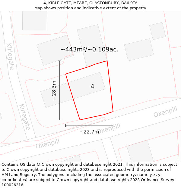 4, KIRLE GATE, MEARE, GLASTONBURY, BA6 9TA: Plot and title map