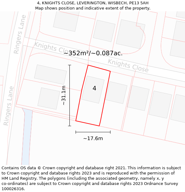 4, KNIGHTS CLOSE, LEVERINGTON, WISBECH, PE13 5AH: Plot and title map