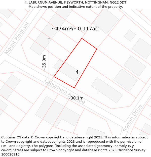 4, LABURNUM AVENUE, KEYWORTH, NOTTINGHAM, NG12 5DT: Plot and title map