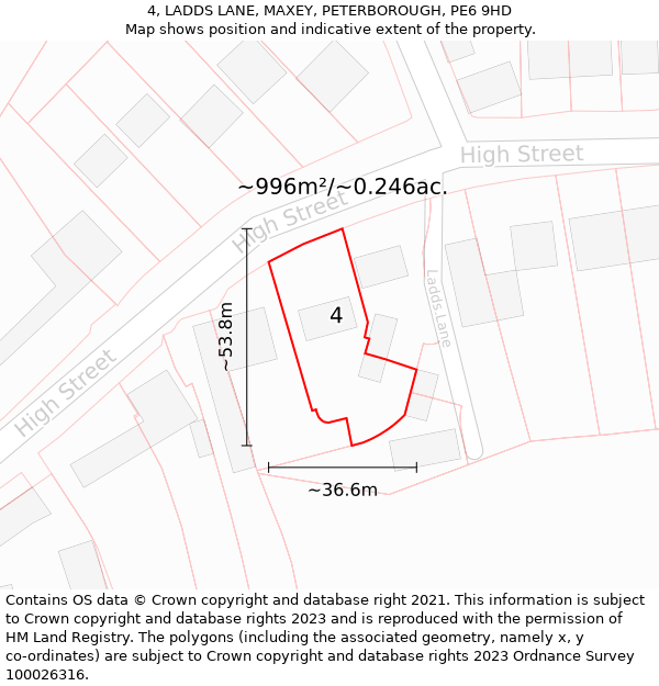 4, LADDS LANE, MAXEY, PETERBOROUGH, PE6 9HD: Plot and title map