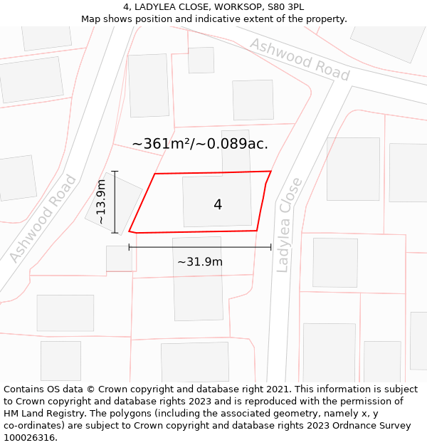 4, LADYLEA CLOSE, WORKSOP, S80 3PL: Plot and title map