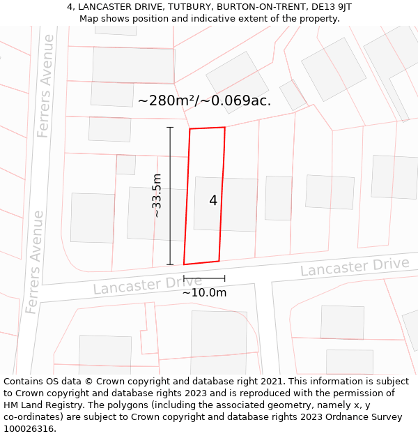 4, LANCASTER DRIVE, TUTBURY, BURTON-ON-TRENT, DE13 9JT: Plot and title map