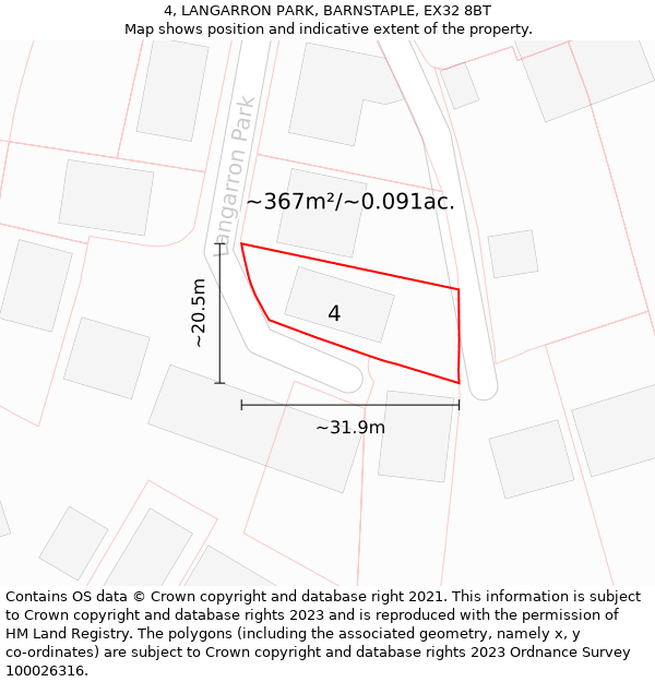 4, LANGARRON PARK, BARNSTAPLE, EX32 8BT: Plot and title map