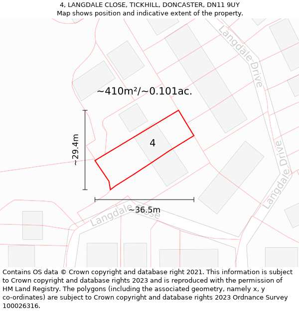 4, LANGDALE CLOSE, TICKHILL, DONCASTER, DN11 9UY: Plot and title map