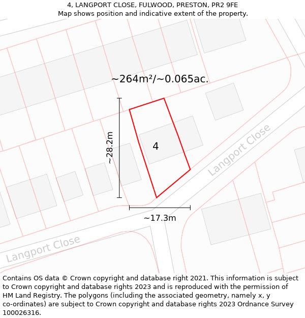 4, LANGPORT CLOSE, FULWOOD, PRESTON, PR2 9FE: Plot and title map