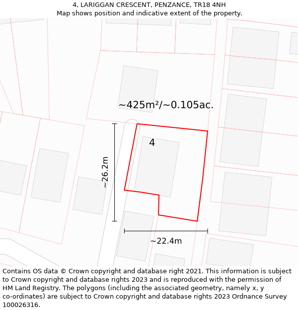 4, LARIGGAN CRESCENT, PENZANCE, TR18 4NH: Plot and title map