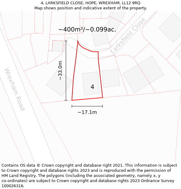 4, LARKSFIELD CLOSE, HOPE, WREXHAM, LL12 9RQ: Plot and title map