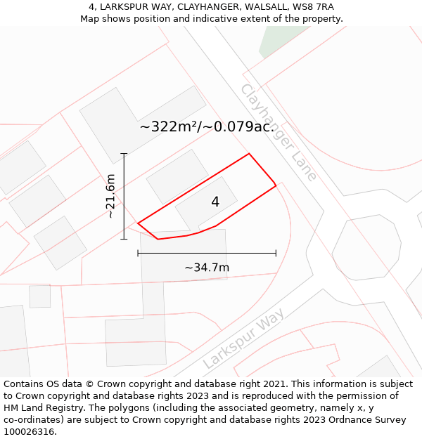 4, LARKSPUR WAY, CLAYHANGER, WALSALL, WS8 7RA: Plot and title map