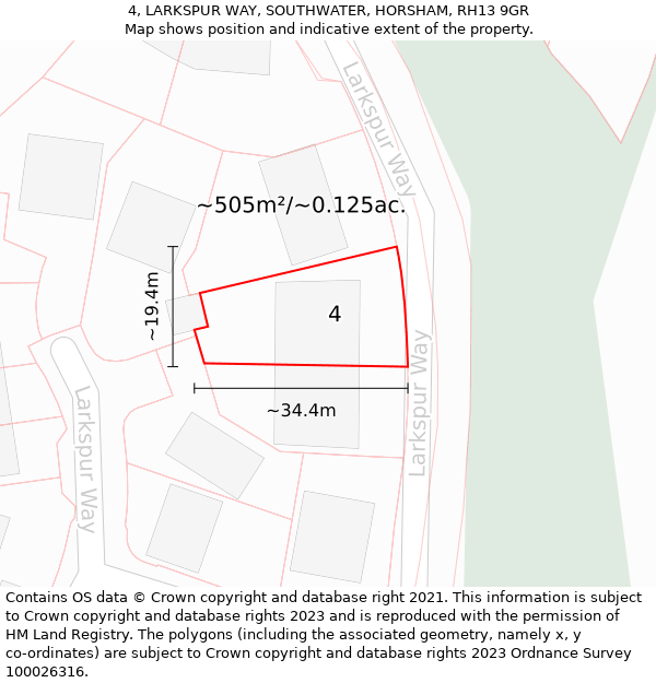 4, LARKSPUR WAY, SOUTHWATER, HORSHAM, RH13 9GR: Plot and title map