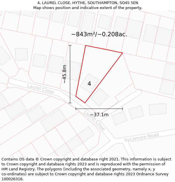 4, LAUREL CLOSE, HYTHE, SOUTHAMPTON, SO45 5EN: Plot and title map