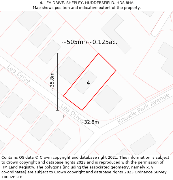 4, LEA DRIVE, SHEPLEY, HUDDERSFIELD, HD8 8HA: Plot and title map