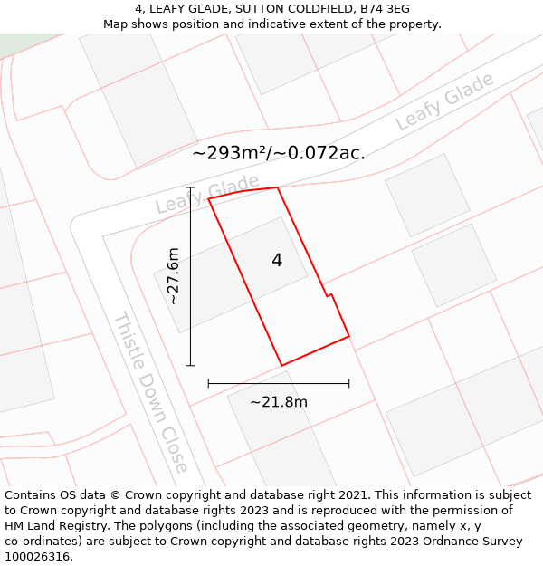 4, LEAFY GLADE, SUTTON COLDFIELD, B74 3EG: Plot and title map