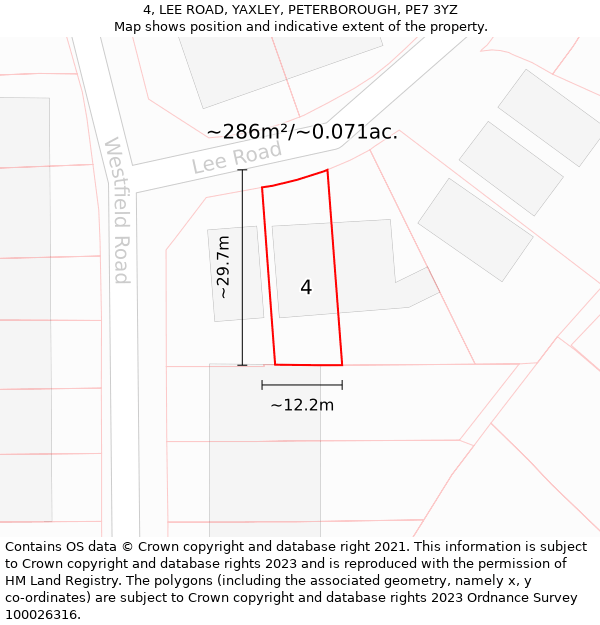 4, LEE ROAD, YAXLEY, PETERBOROUGH, PE7 3YZ: Plot and title map