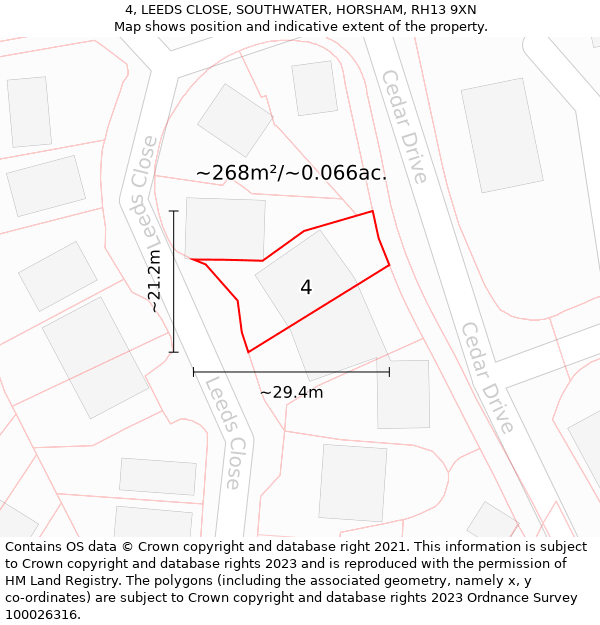 4, LEEDS CLOSE, SOUTHWATER, HORSHAM, RH13 9XN: Plot and title map