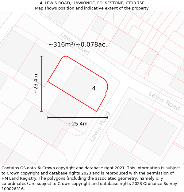 4, LEWIS ROAD, HAWKINGE, FOLKESTONE, CT18 7SE: Plot and title map