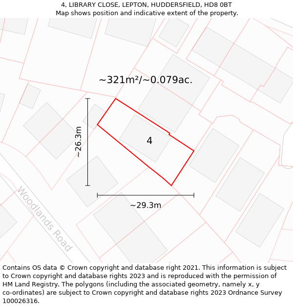 4, LIBRARY CLOSE, LEPTON, HUDDERSFIELD, HD8 0BT: Plot and title map