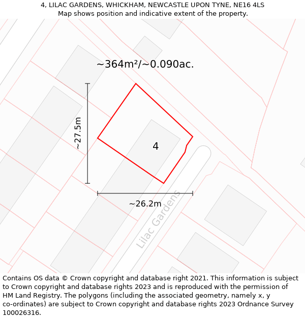 4, LILAC GARDENS, WHICKHAM, NEWCASTLE UPON TYNE, NE16 4LS: Plot and title map