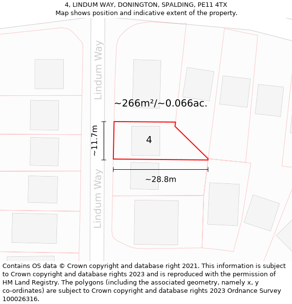 4, LINDUM WAY, DONINGTON, SPALDING, PE11 4TX: Plot and title map