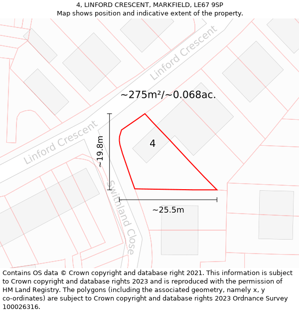 4, LINFORD CRESCENT, MARKFIELD, LE67 9SP: Plot and title map