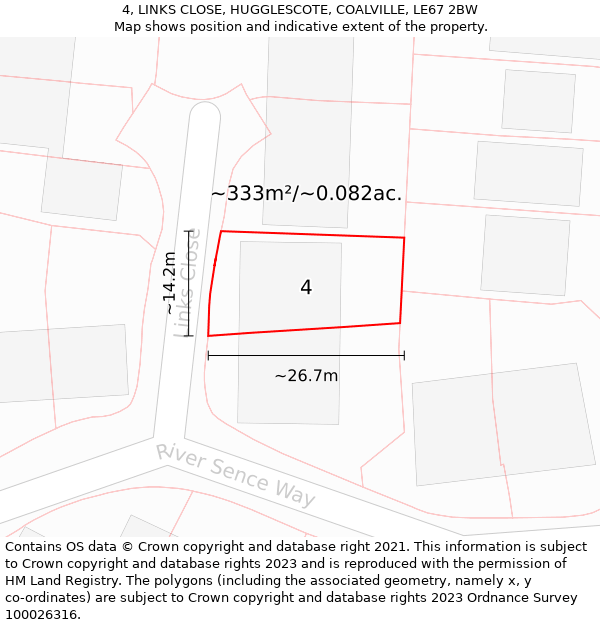 4, LINKS CLOSE, HUGGLESCOTE, COALVILLE, LE67 2BW: Plot and title map