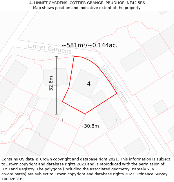 4, LINNET GARDENS, COTTIER GRANGE, PRUDHOE, NE42 5BS: Plot and title map