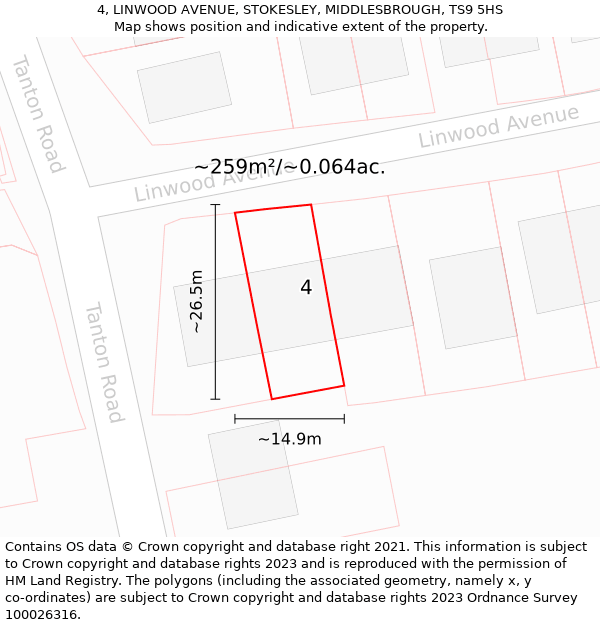 4, LINWOOD AVENUE, STOKESLEY, MIDDLESBROUGH, TS9 5HS: Plot and title map