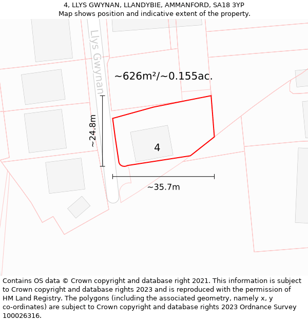 4, LLYS GWYNAN, LLANDYBIE, AMMANFORD, SA18 3YP: Plot and title map