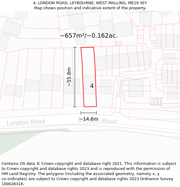 4, LONDON ROAD, LEYBOURNE, WEST MALLING, ME19 5EY: Plot and title map