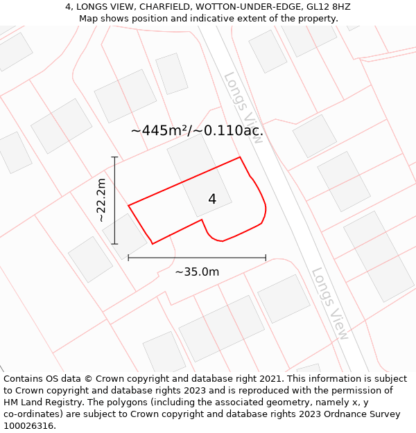 4, LONGS VIEW, CHARFIELD, WOTTON-UNDER-EDGE, GL12 8HZ: Plot and title map