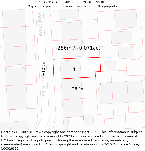 4, LORD CLOSE, MIDDLESBROUGH, TS5 8FF: Plot and title map