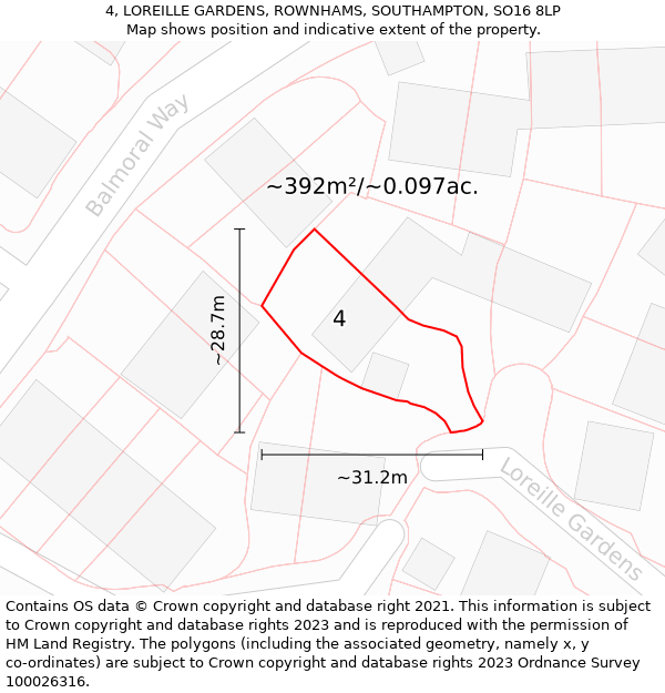 4, LOREILLE GARDENS, ROWNHAMS, SOUTHAMPTON, SO16 8LP: Plot and title map