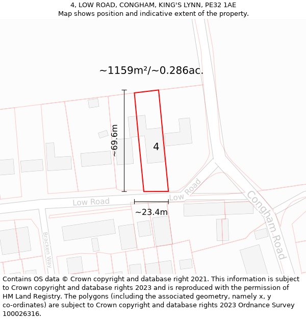 4, LOW ROAD, CONGHAM, KING'S LYNN, PE32 1AE: Plot and title map