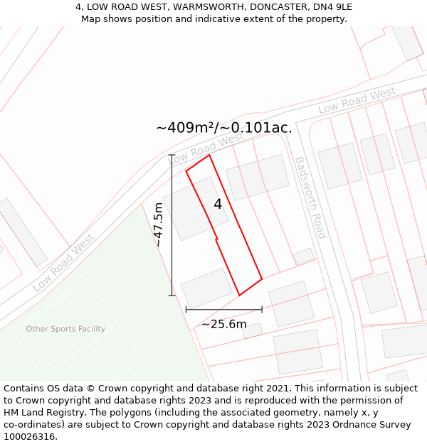 4, LOW ROAD WEST, WARMSWORTH, DONCASTER, DN4 9LE: Plot and title map