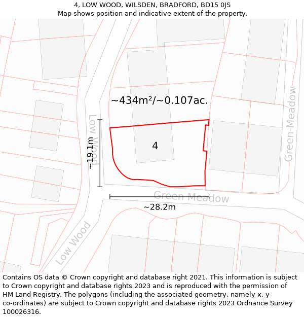 4, LOW WOOD, WILSDEN, BRADFORD, BD15 0JS: Plot and title map