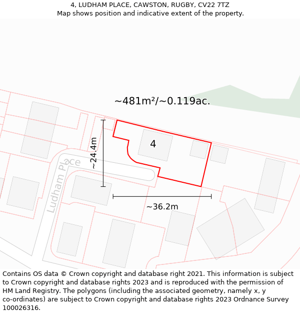 4, LUDHAM PLACE, CAWSTON, RUGBY, CV22 7TZ: Plot and title map